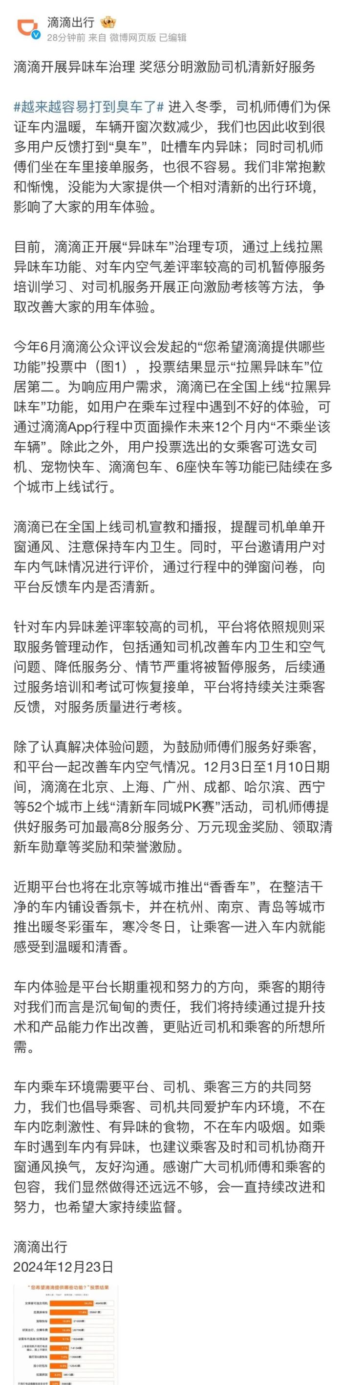 滴滴就打到臭车致歉：正开展异味车治理